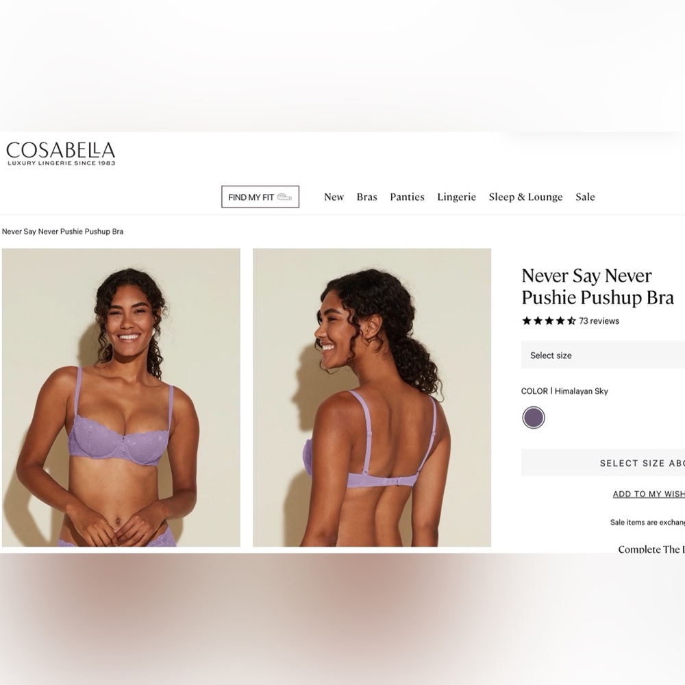 Cosabella Bra Pushie Pushup Lace Underwire  36C Purple Women EUC